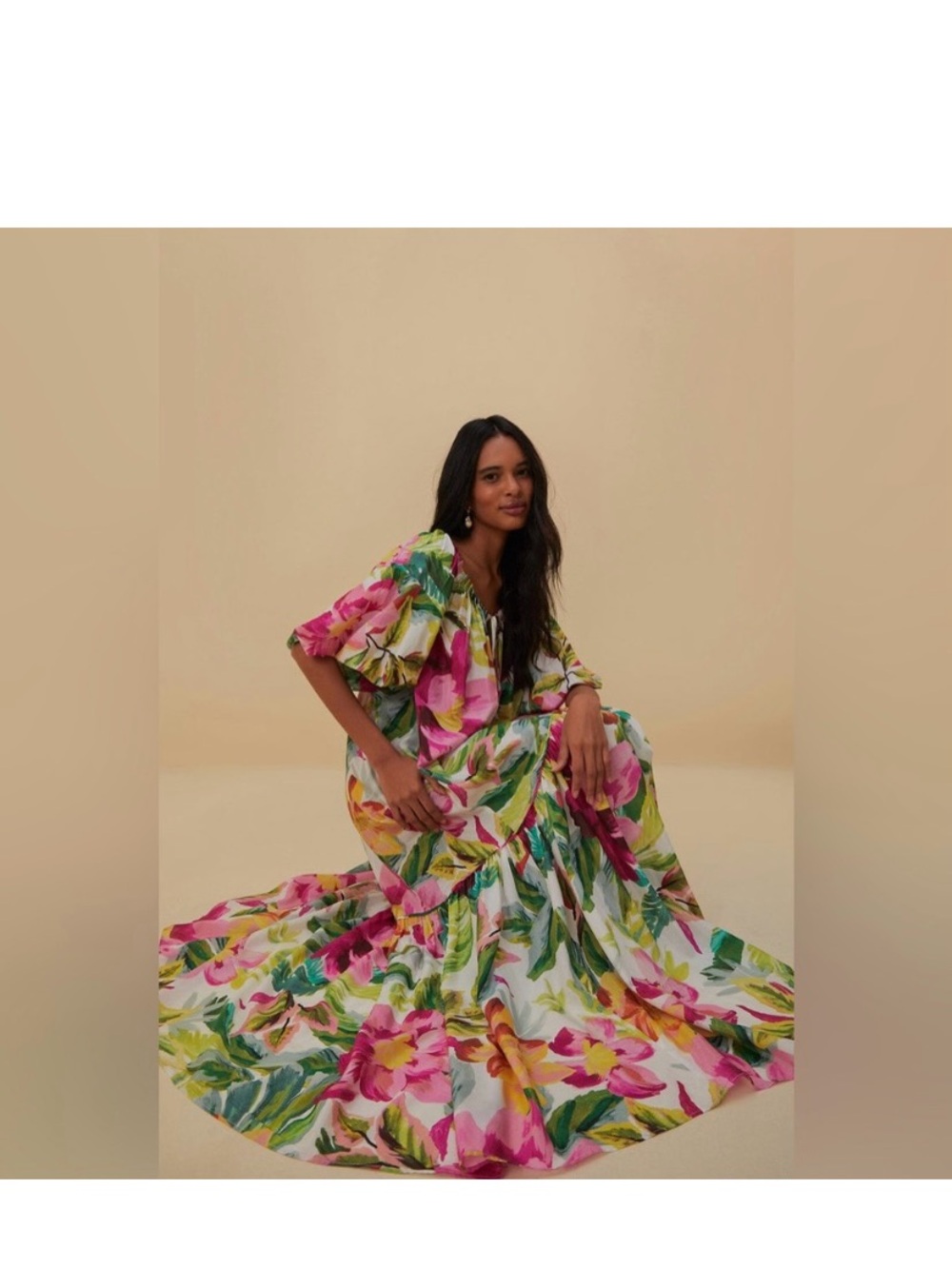 FARM Rio Tropical Pained Floral Puff-Sleeve Maxi Dress in Pink, Green & Yellow - Picture 4 of 8